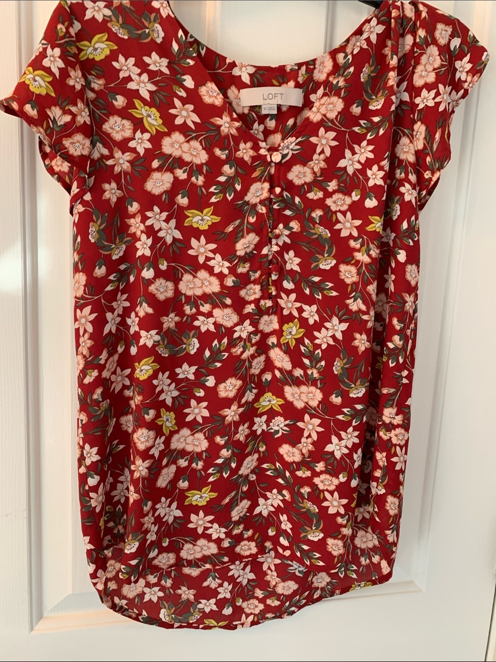 LOFT Red Floral Cap-Sleeve Top